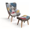 Poltrona HAVANA in tessuto multicolore patchwork e gambe in legno, con poggiapiedi
