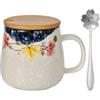 Naapesi Tazzine da Caffè Dolce, 380 ML Tazzina da Caffè in Ceramica, Tazza del Mattino con Coperchio e Cucchiaio, Tazza Caffè-Latte-Tè con Maniglia per Sicurezza, Tazza da Tè per Ufficio Casa Regalo (Fiore)