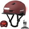 Shinmax Casco Bici Uomo e Donna,5 modalità di Luce e Visiera,USB ricaricabile,Casco Caschetto Bici Uomo per Pendolari Urbani (Vino, M (55-58cm)