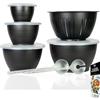 Thiru Set di 6 ciotole per insalata - colore nero - con coperchio - 6 pezzi, 0,6 l, 1,3 l, 2,5 l, 4,4 l - con coperchio, colino, posate per insalata - senza BPA