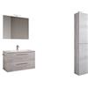 Mama Store Collezione Era, Set da bagno, Mobile da bagno sospeso con lavabo da 80cm, con Colonna sospesa 2 ante, Quercia Bianco