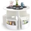 COSTWAY 2 in 1 Set Tavolino per Bambini e 4 Sedie Salvaspazio, Tavolo Rotondo con Lavagna e Sedie con Portaoggetti, Tavolino Montessori in Legno per Asilo, Stanza dei Giochi e Cameretta (Bianco)