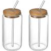 SMLJFO Bicchieri con coperchi in bambù e cannuccia in vetro, 395 ml, 2 pezzi, a forma di lattina, set di bicchieri da caffè ghiacciato, per feste in casa, cocktail, whisky, vino