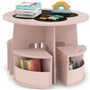 COSTWAY 2 in 1 Set Tavolino per Bambini e 4 Sedie Salvaspazio, Tavolo Rotondo con Lavagna e Sedie con Portaoggetti, Tavolino Montessori in Legno per Asilo, Stanza dei Giochi e Cameretta (Rosa)