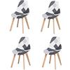 HJhomeheart Set di 4 Sedie da Pranzo, Sedia da Pranzo Patchwork Multicolore, Sedia in Tessuto con Gambe in Legno Massello per Sala da Pranzo, Soggiorno (Grigio nero e bianco)