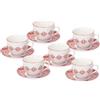 Avilia Set 6 Tazze da Caffè o Tè con Piattini - Set Tazze e Piattini con Decorazioni Arabesche, in Porcellana, 270cc, Bianco e Rosso