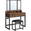 VASAGLE RVT004B01 - Set di mobili sotto lo sgabello imbottito, con specchio tripper, 3 cassetti, supporto per asciugacapelli, tavolo da toeletta, stile industriale, marrone rustico e nero