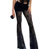 Owegvia Pizzo Vedere Attraverso Slim Fit Pantaloni Moda Club a Vita Alta Trasparente Floreale Flared, Nero, M