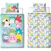 Character World Squishmallows - Set copripiumino singolo con licenza ufficiale, double-face, con personaggi su 2 lati, con federa coordinata, perfetto per la camera dei bambini, in policotone