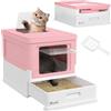 PawHut Lettiera per Gatti Chiusa in PP con Paletta Inclusa, Design Pieghevole, Cassetta Igienica per Gatto con Vassoio Estraibile e 2 Porte, 47.5x35.5x36.7 cm, Rosa e Bianco