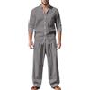 Vhersily 2 Pezzi Tuta Uomo Set completo Estivo in Lino, Camicia e Pantaloni con Elastico in Vita, a Maniche Lunghe, in Tinta Unita, Traspirante Casual, per Spiaggia Vacanza, per il Tempo Libero
