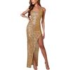 OverDose mujer Abito Da Sera Per Le Donne Danza Paillettes Vestito Lungo Sexy Damigella D'Onore Oro Scollo a V Gonne Attraenti Sera Abito da Festa, Oro-a, XL