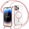 Pnakqil Magnetica Cover con Cordino per iPhone 14 Pro Max, Compatibile con Magsafe Ricarica Wireless, Trasparente Placcatura Disegno Custodia con Collana Laccio Tracolla per iPhone 14Pro Max,(Rosa)