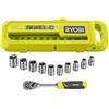 RYOBI Coffret 1 clé 90 dents (angle de reprise 4°) et 10 douilles 3/8'' (de 8 a 15 mm, 16 & 17 mm) - Coffret compatible avec Ryobi L