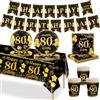 MORAINJAY Stoviglie Per Festa 80 Anni Compleanno, Set da 70 Pezzi Oro Nero, Piatti di Carta 80° Compleanno, Bicchieri, Tovaglioli, Striscione di Carta, Decorazioni Festa 80 Anni Compleanno