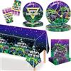 MORAINJAY Set da 69 pezzi Decorazioni Festa Monster Truck, Stoviglie per compleanno verde e viola, Piatti di carta, Bicchieri, Tovaglioli, Tovaglia per feste a tema camion per bambini