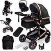 GaGa Dumi GaGaDumi Florida 3 in 1 Passeggino Trio, Carrozzina, Seggiolino Auto, e Passeggino Pieghevole, Navicella con Accessori Inclusi, 0-36 mesi, nero/oro