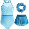 Gogokids Set da ginnastica a 3 pezzi con spalline per bambine, body da ginnastica per bambini con strass e design floreale in mesh, tutù da balletto scintillanti include body, gonna in chiffon e