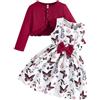Adixun Vestito da bambina a maniche lunghe, linea ad A, floreale, casual, da festa, con cardigan, per bambini dai 4 ai 13 anni, Rosso, 4-5 Anni