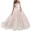 NNJXD Ragazze Pizzo Tulle Ricamato Principessa Abito da Ballo Festa Formale Coda Lunga Abiti 406 Bianco Taglia(150) 10-11 Anni