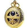 TREEWETO Orologi da tasca meccanici da uomo con numeri romani quadrante sole e luna scheletro con scatola e catene per uomo donna nero bronzo oro argento, Oro