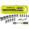 RYOBI Coffret 1 clé 90 dents (angle de reprise 4°) & 16 douilles (de 7 a 24 mm), adaptateur Hex 1/4'' - Hex 3/8'' - Compatible Ryobi