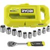 RYOBI Coffret 1 clé 90 dents (angle de reprise 4°), 8 douilles (de 8 a 15 mm) et adaptateur 1/4'' - 3/8'' - Compatible avec Ryobi LI