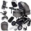 GaGa Dumi GaGaDumi Florida 3 in 1 Passeggino Trio, Carrozzina, Seggiolino Auto, e Passeggino Pieghevole, Navicella con Accessori Inclusi, 0-36 mesi, grigio/argento