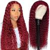 Lakaisa Water Wave Human Hair Wig Burgundy 4X4 Lace Front Capelli Veri Umani Wear and Go Glueless 100% Unprocessed Brazilian Remy Hair Parrucche Donna Capelli Umani No Smell for Woman 20 Inch