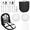 Aoreun Set di posate da campeggio, 11 Pezzi Stoviglie da Campeggio per 2 Persone Acciaio Inox Kit Stoviglie Campeggio Portatile con piatti e posate in acciaio inox Per Campeggio，Picnic E Viaggi (Nero)