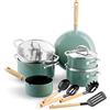 GreenPan Mayflower Set di Pentole e Padelle in Salutari Ceramica Antiaderente da 13 pezzi,Comprese casseruole, coperchi, colino manico in legno vintage,senza PFAS,Induzione,Blu Fumé