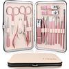 Leipple Tagliaunghie Set Professionale - Grooming Kit Strumenti per Manicure e Pedicure 18pcs con Lussuosa Custodia da Viaggio in Pelle (Beige/Rosa)