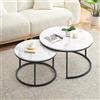 Ginhow Tavolino da caffè finitura effetto marmo, tavolo da salotto e sala caffè (diametro 80 e 60 cm) grande tavolo rotondo, in MDF, bianco effetto marmo con telaio in acciaio nero
