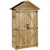 Outsunny Casetta da Giardino in Legno di Abete 0.43m², Casetta Porta Attrezzi da Giardino Ripostiglio con Tetto Inclinato, 3 Ripiani Rimovibili, Chiavistello e Piedini Regolabili, Color Legno