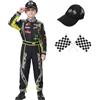 KUKIKUKI Costume da pilota di auto da corsa Ragazzi Tuta da pilota con berretto per auto Bambini Vestiti per Halloween (Nero, 130)