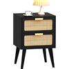 YAUKOMEL Comodino in rattan, tavolino in legno con 2 cassetti decorati in rattan fatti a mano, comodino moderno del medio secolo, tavolino con contenitore per soggiorno, camera da letto, nero DECTG59B