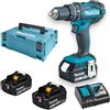 Makita Trapano avvitatore professionale con percussione 2 velocità 18V 3Ah con 3 batterie e valigetta makpac DHP482RF3J