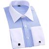 Niiyyjj Camicia da uomo slim fit, non si stira, a maniche lunghe, in cotone, camicia da smoking formale con polsini francesi, A righe blu cielo, XL