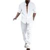 Beokeuioe Pantaloni e camicia da uomo a maniche lunghe, estivi, universali, estivi, in lino, per il tempo libero, per il tempo libero, in lino, set da spiaggia, bianco, L