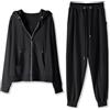 Generic Tuta da donna a due pezzi con cappuccio e cerniera tinta unita a maniche lunghe pantaloni elastici in vita taglie forti abbigliamento da casa per donne Co Ords Set per le donne Regno Unito, Nero , L