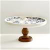 YY Alzata per torte piccola e bianca blu con piedistallo, 15,2 cm, in ceramica vintage, rotonda, in legno, per feste, matrimoni, candele, gioielli, vassoio decorativo (supporto marrone)