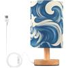 Ttgoth Lampada da comodino con onde del mare blu e bianco per camera da letto, piccola lampada da comodino a LED con porte USB e paralume in tessuto per soggiorno, dormitorio, casa, ufficio
