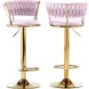 BAKAJI Set 2 Sgabelli da Cucina con Rivestimento in Velluto e Schienale Intrecciato e Altezza Regolabile, Sedie da Bar, Ristorante, Struttura Girevole in Oro con Poggiapiedi, Design Moderno (Rosa)