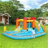 Trdlpyn Castello Gonfiabile Multifunzionale da Esterno con soffiatore, Scivolo Acquatico + Trampolino + Canestro da basket+ Pistola Acqua, 2 aree Piscine, Scivolo Grande e Piccolo, Parco Acquatico per Bambini