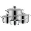 WMF Diadem Plus - Batteria da cucina 4 pezzi, in acciaio inox, adatta per induzione, 1 casseruola bassa da 20 cm, 2 pentole alte da 16 cm e 24 cm, 1 casseruola 16 cm con 3 coperchi in vetro