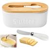 BORDEAG Burriera In Ceramica, Burriera In Porcellana, Burriera Con Coperchio In Legno, 500 ML Contenitore Per Burro Con Coltello Da Burro, Portaburro, Porta Burro Per Conservare Il Burro (19x9,4x9 cm)