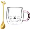 Xiuyer Tazza di Bicchieri Bicchierini Liquore Bicchieri da Rum Bicchieri Amaro Tazzine Caffe Vetro Doppia Parete Tazzine Borosilicato Bicchiere da Vodka 250ml Con Cucchiai(Gatto)