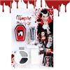 COM-FOUR® set trucco Halloween da 5 pezzi - accessori per costume da vampiro con denti da vampiro, sangue finto, spugna, perline adesive e tavolozza per il trucco