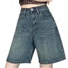 LANMFU Pantaloncini Donna Pantaloncini di Jeans Donna Moda Abbigliamento Straight al Ginocchio Jeans Donne Estate Vita Alta Baggy Jean Shorts-Blu Profondo-s