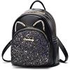 natyrlpog Mini zaino da donna con design carino con orecchie di gatto, in pelle PU, piccolo zaino borsa con decorazione con paillettes, nero, Small, Zaini da viaggio